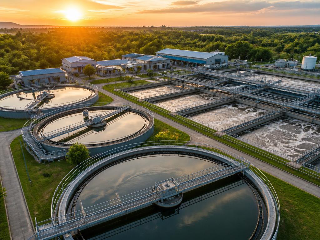 Aerial view of a modern wastewater treatment plant with circular clarifier tanks and aeration basins at sunset