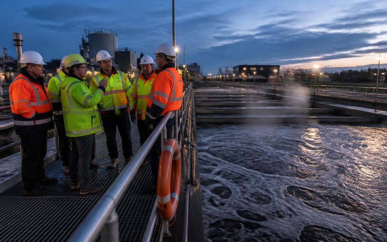 Operators inspecting an aeration basin at a wastewater treatment plant